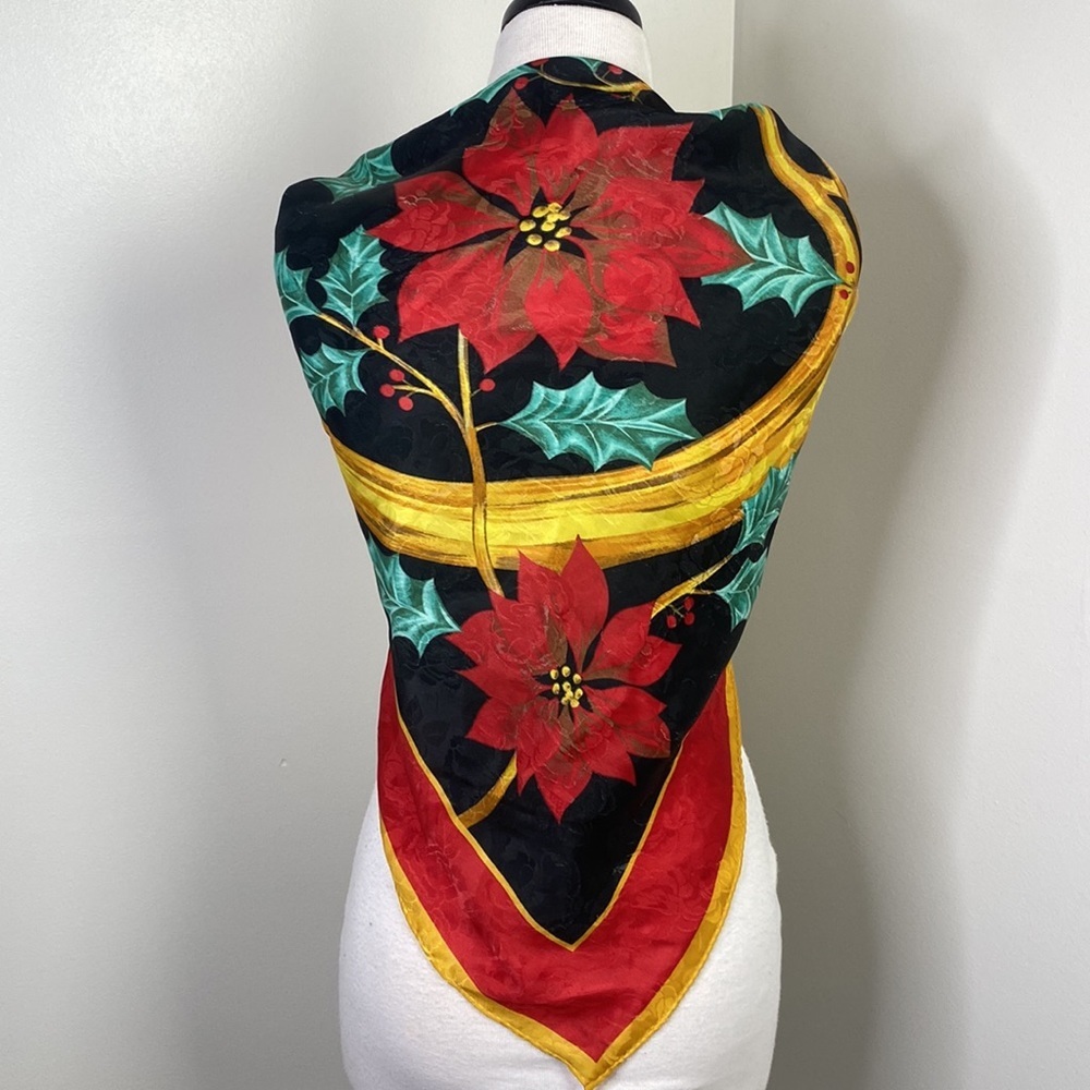 Vintage Christmas Scarf With French Horn & Poinsettia Design 36x36 - Picture 3 of 5